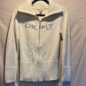 DKNY Women's Ribbed Cream Zipup Size L